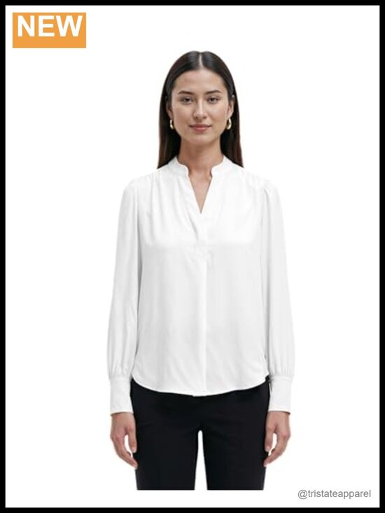 Tops - Women's Long Sleeve V-Neck Satin Band Collar Blouse Polyester Business Casual
